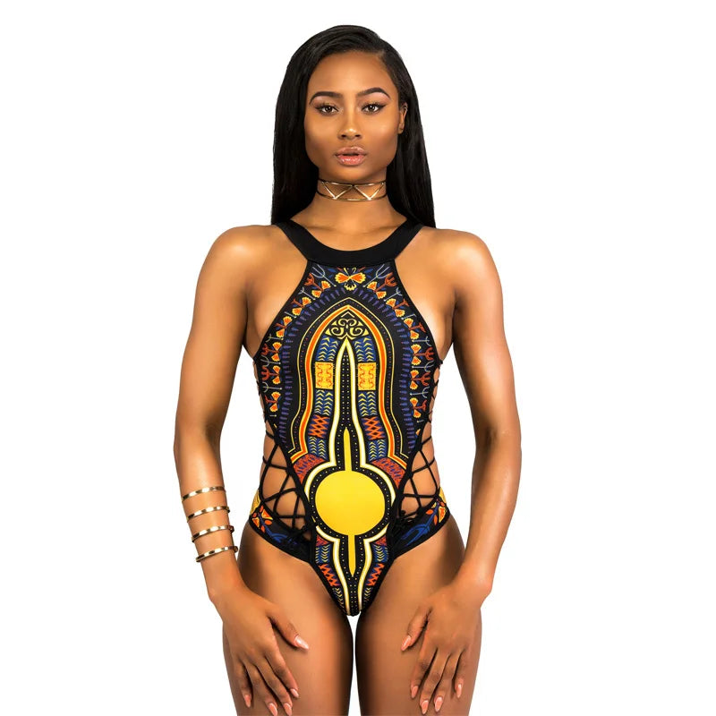 Design Sexy Bandage Swimwear Digital Printing African Style Push Up Brazilian Bikini Beach Wear Swim Suit Black Bikinis