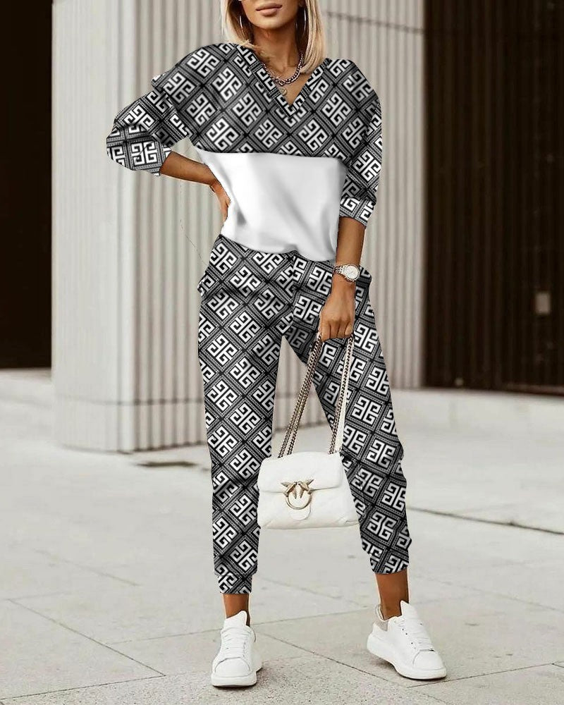 Women's  Commuter Top Printed Trousers Tracksuit Zipper Fashion Suit