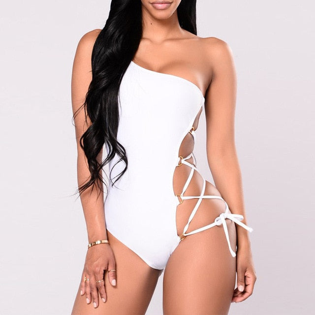 Sexy String monokini Lace up bikini One shoulder white swimsuit one piece Plus size swimwear women bodysuit swim suit