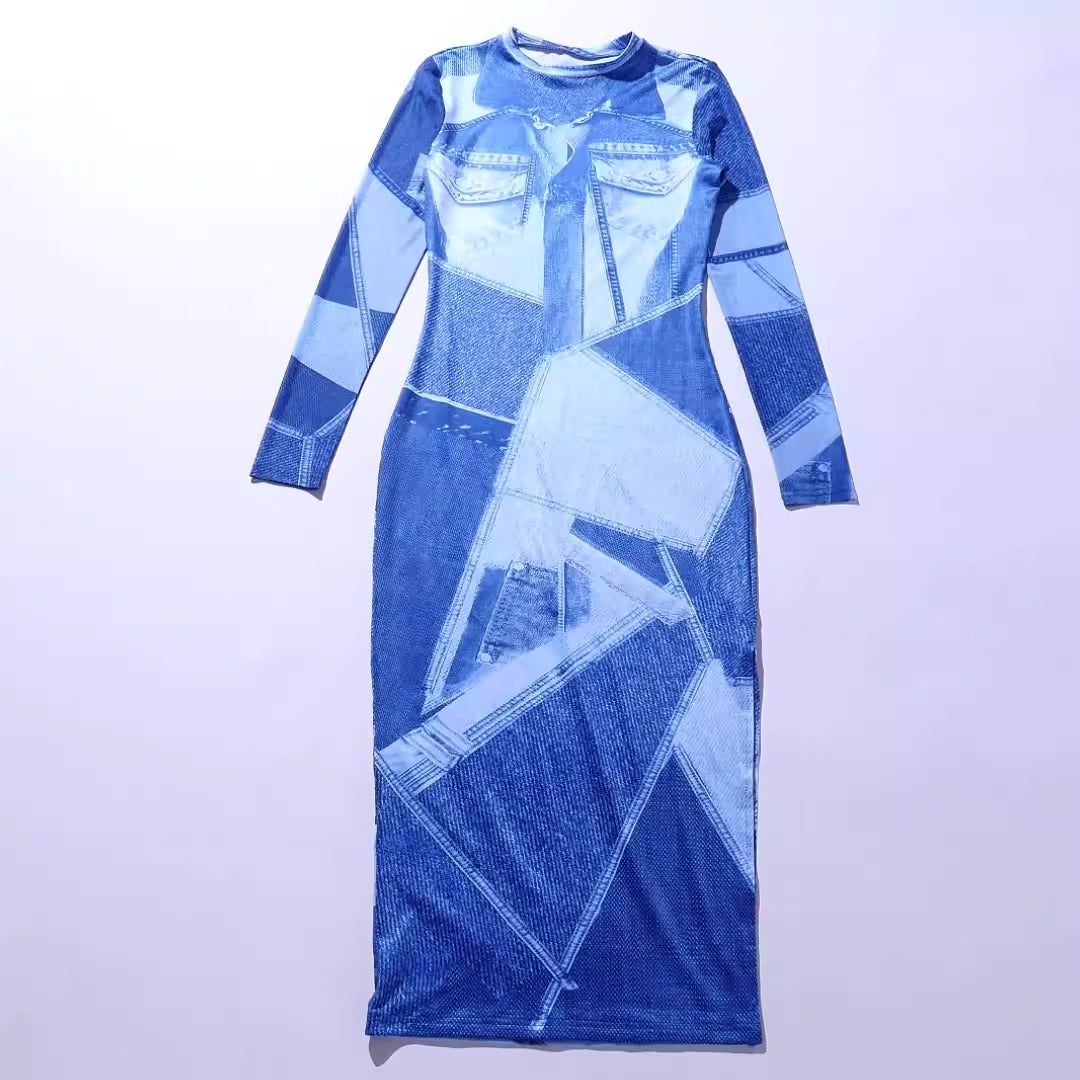 Summer Blue Denim Print Long Sleeve Maxi Dresses