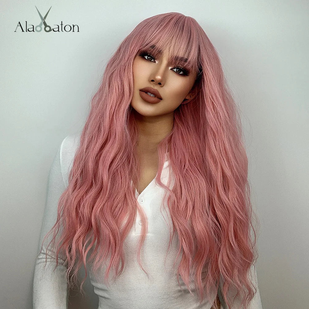 ALAN EATON Long Pink Wigs with Bangs Water Wave Heat Resistant Wavy Hair Synthetic Wig for Women African American Lolita Cosplay