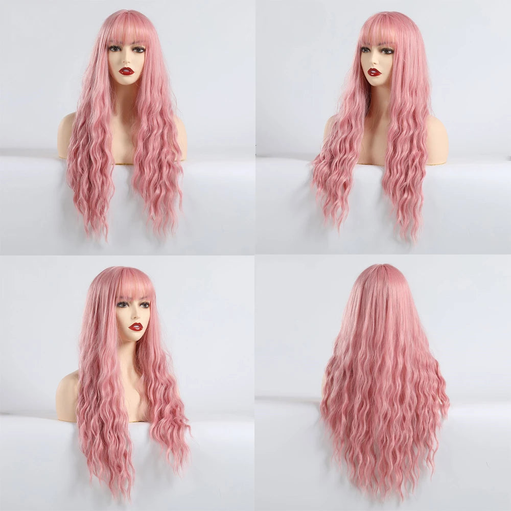 ALAN EATON Long Pink Wigs with Bangs Water Wave Heat Resistant Wavy Hair Synthetic Wig for Women African American Lolita Cosplay