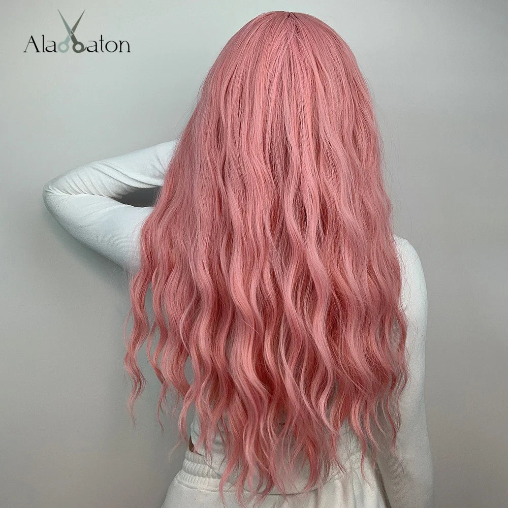 ALAN EATON Long Pink Wigs with Bangs Water Wave Heat Resistant Wavy Hair Synthetic Wig for Women African American Lolita Cosplay