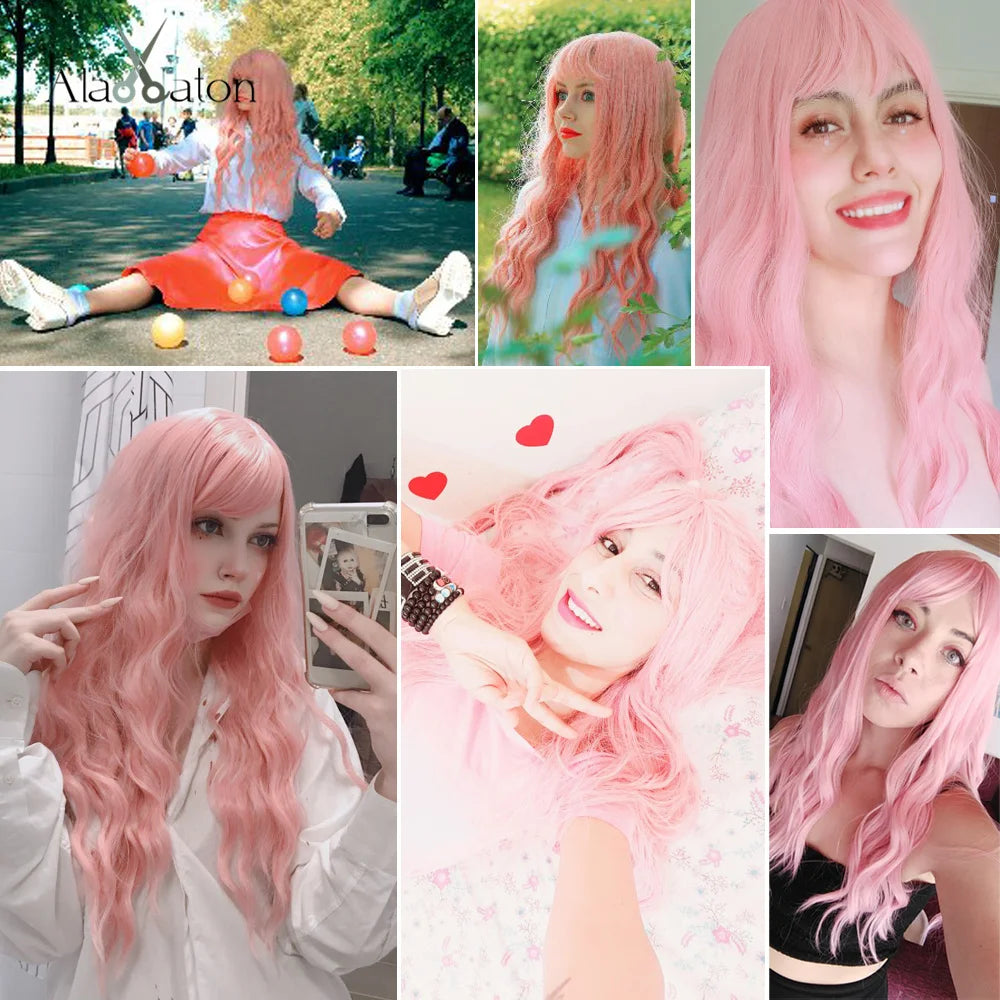 ALAN EATON Long Pink Wigs with Bangs Water Wave Heat Resistant Wavy Hair Synthetic Wig for Women African American Lolita Cosplay