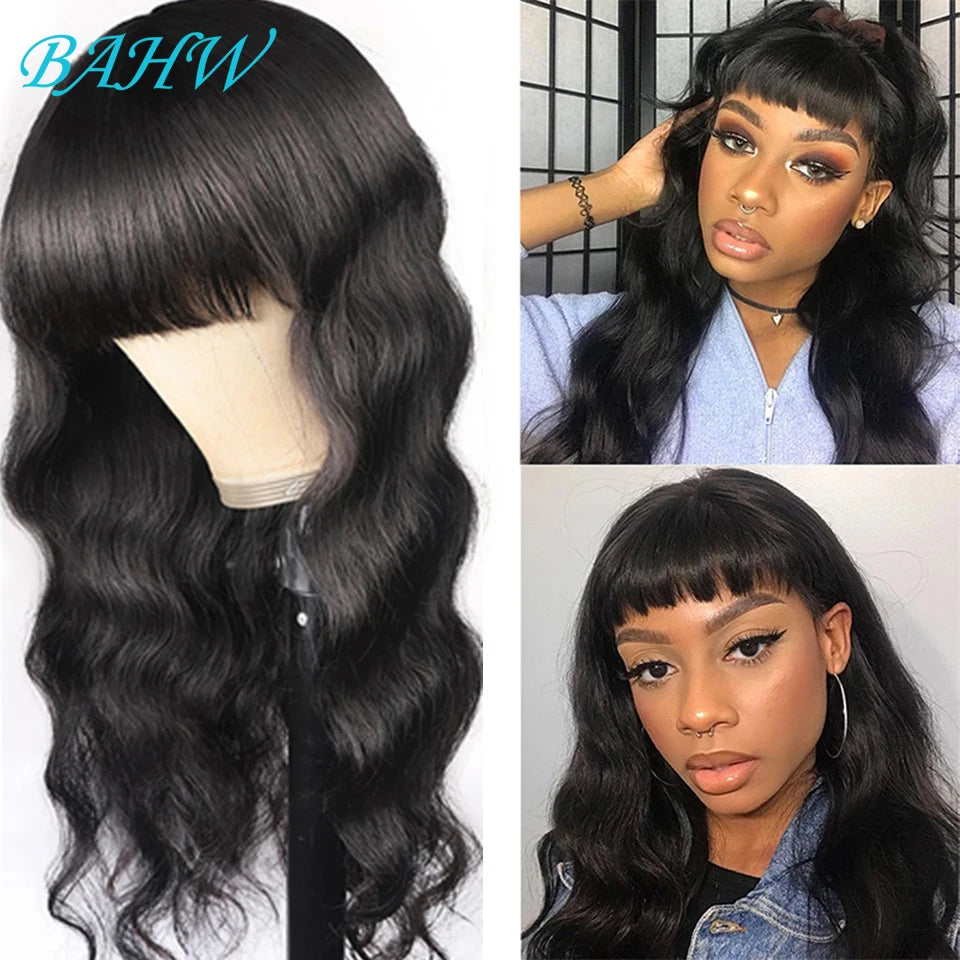 12A Malaysian Body Wave Human Hair Wigs With Bang Full Machine Made Wig 30inch Natural Color Glueless Virgin Human Hair Wigs