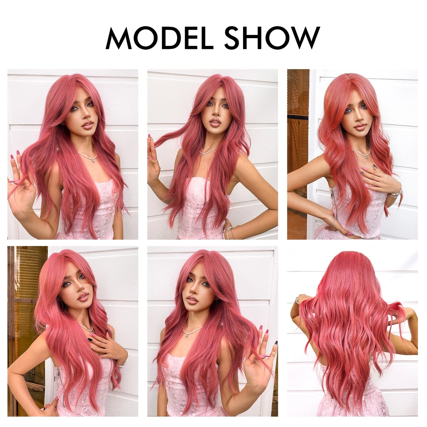 Long Synthetic Water Wavy Wigs Watermelon Red Pink Hair Wig with Side Bangs for Girls and Ladies Daily Use Cosplay Party