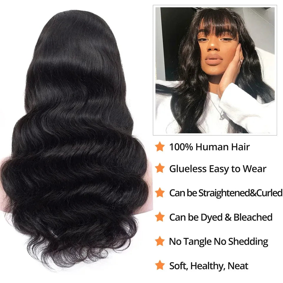 12A Malaysian Body Wave Human Hair Wigs With Bang Full Machine Made Wig 30inch Natural Color Glueless Virgin Human Hair Wigs