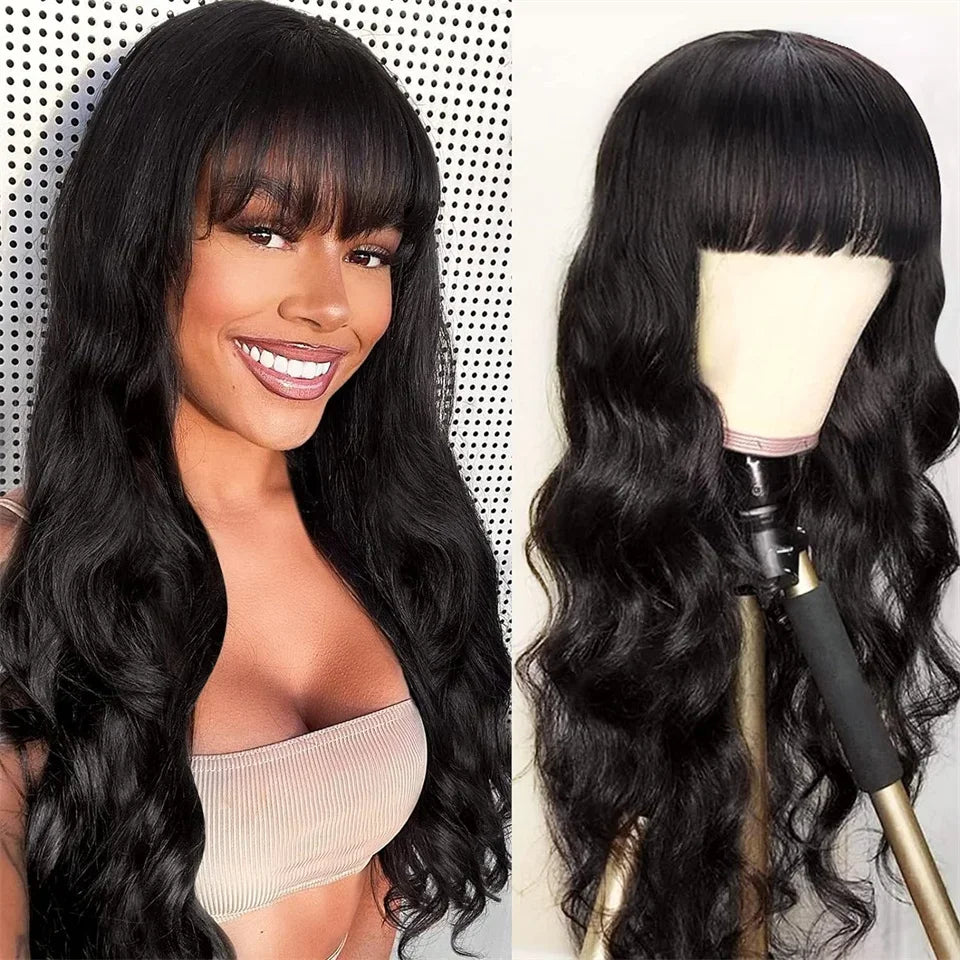 12A Malaysian Body Wave Human Hair Wigs With Bang Full Machine Made Wig 30inch Natural Color Glueless Virgin Human Hair Wigs