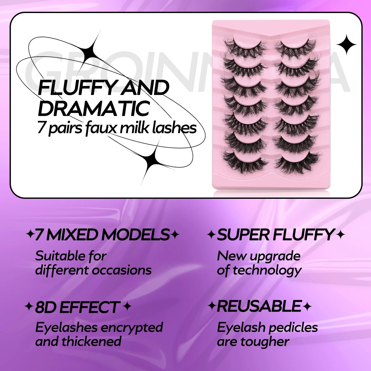 GROINNEYA 7 Pairs Fluffy Mink Lashes Eyelashes  Thick Long Faux Mink Eyelashes Long Lasting Dramatic Volume lashes Extension