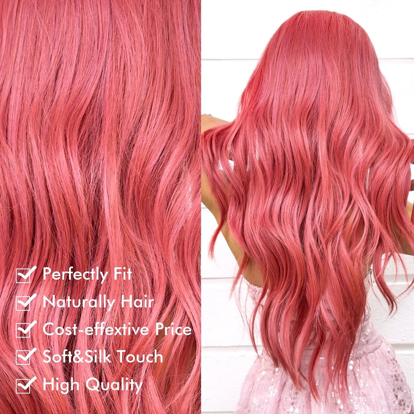 Long Synthetic Water Wavy Wigs Watermelon Red Pink Hair Wig with Side Bangs for Girls and Ladies Daily Use Cosplay Party