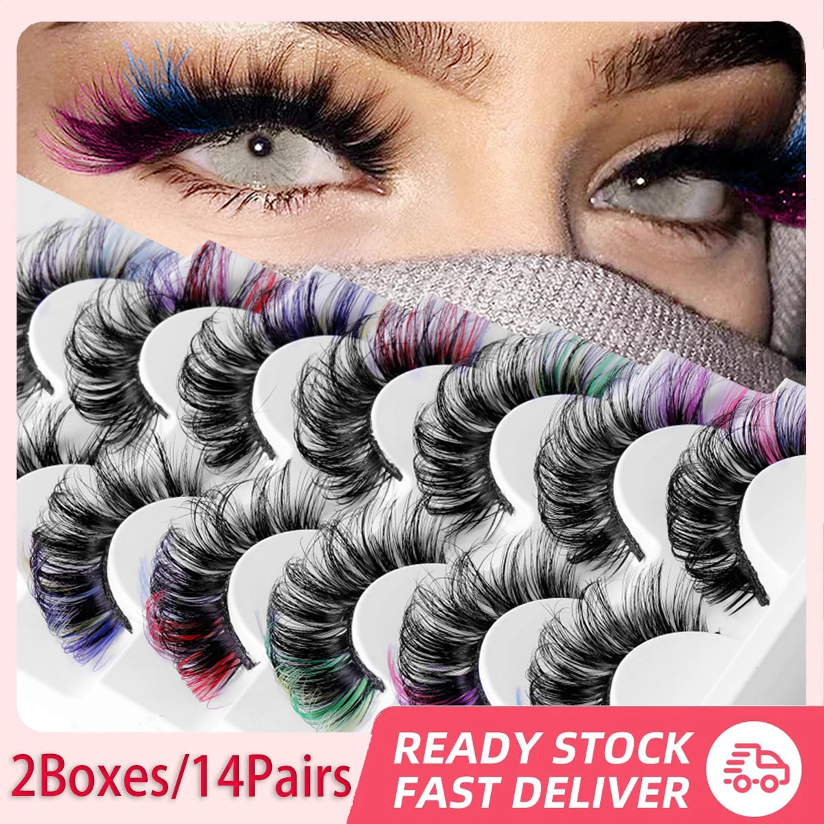 2Boxes/14Pairs Colored Eyelashes Fluffy Fake Lashes With Color, D Curl Volume Dramatic Long Thick Volume Fake Eye Lash