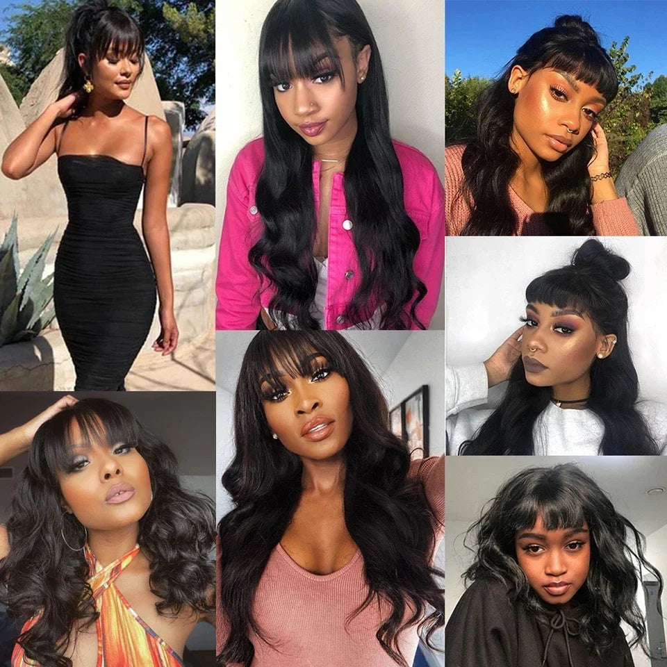 12A Malaysian Body Wave Human Hair Wigs With Bang Full Machine Made Wig 30inch Natural Color Glueless Virgin Human Hair Wigs