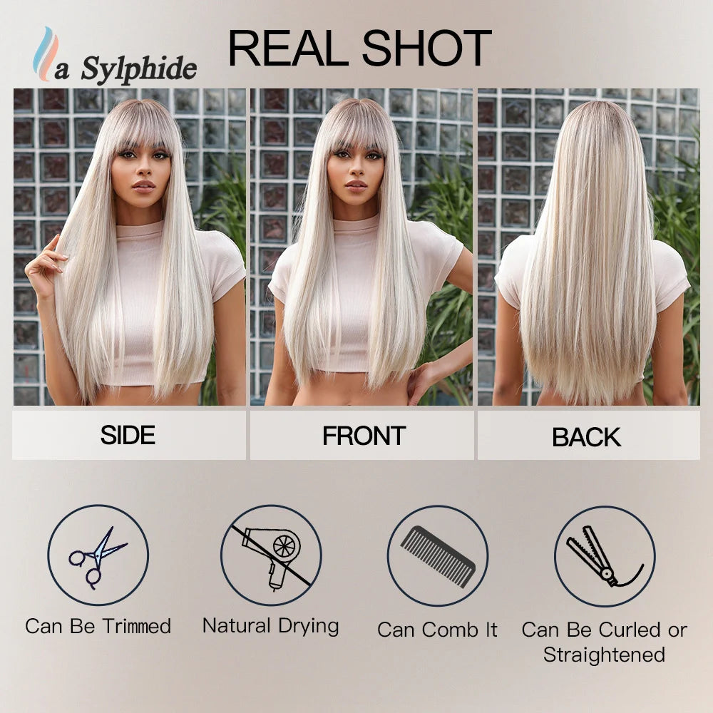 La Sylphide Ombre Grey Blonde Wigs for Woman Long Straight Wigs with Bangs Synthetic Wigs Cosplay High Quality HIgh Tempreature