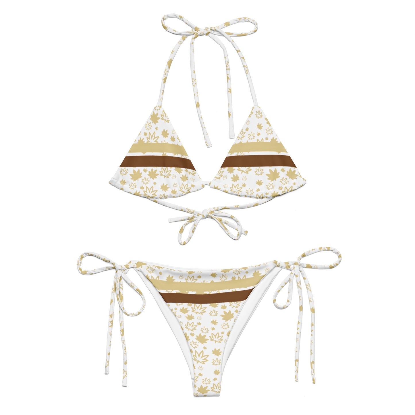 Gold Strip and leaf Print All-over print recycled string bikini