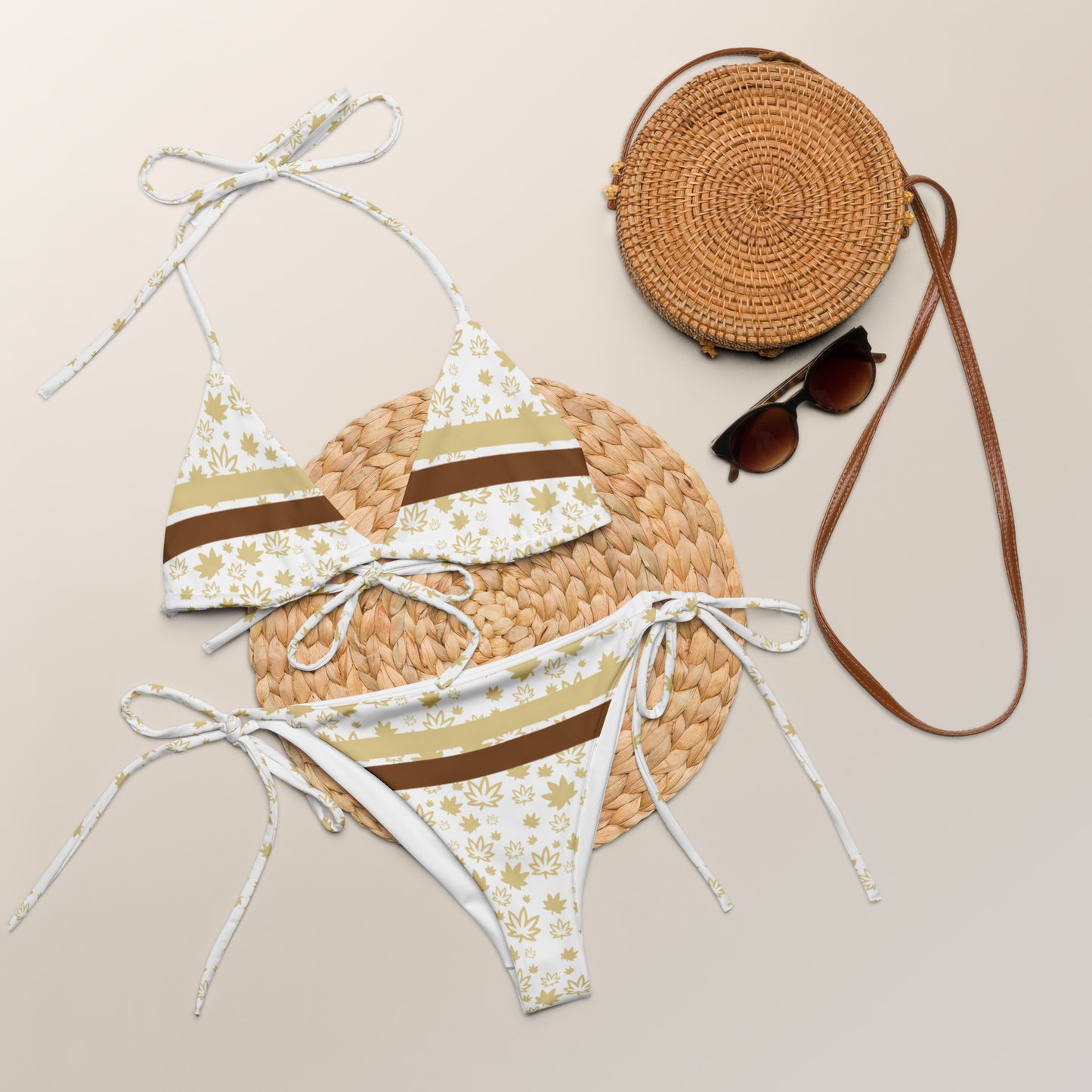 Gold Strip and leaf Print All-over print recycled string bikini