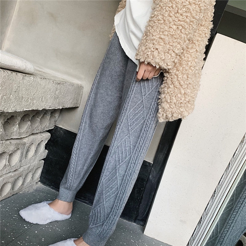 JXMYY Winter Thicken Women Harem Pants Casual Drawstring Twisted Knitted Pants Femme Chic Warm Female Sweater Trousers 2022