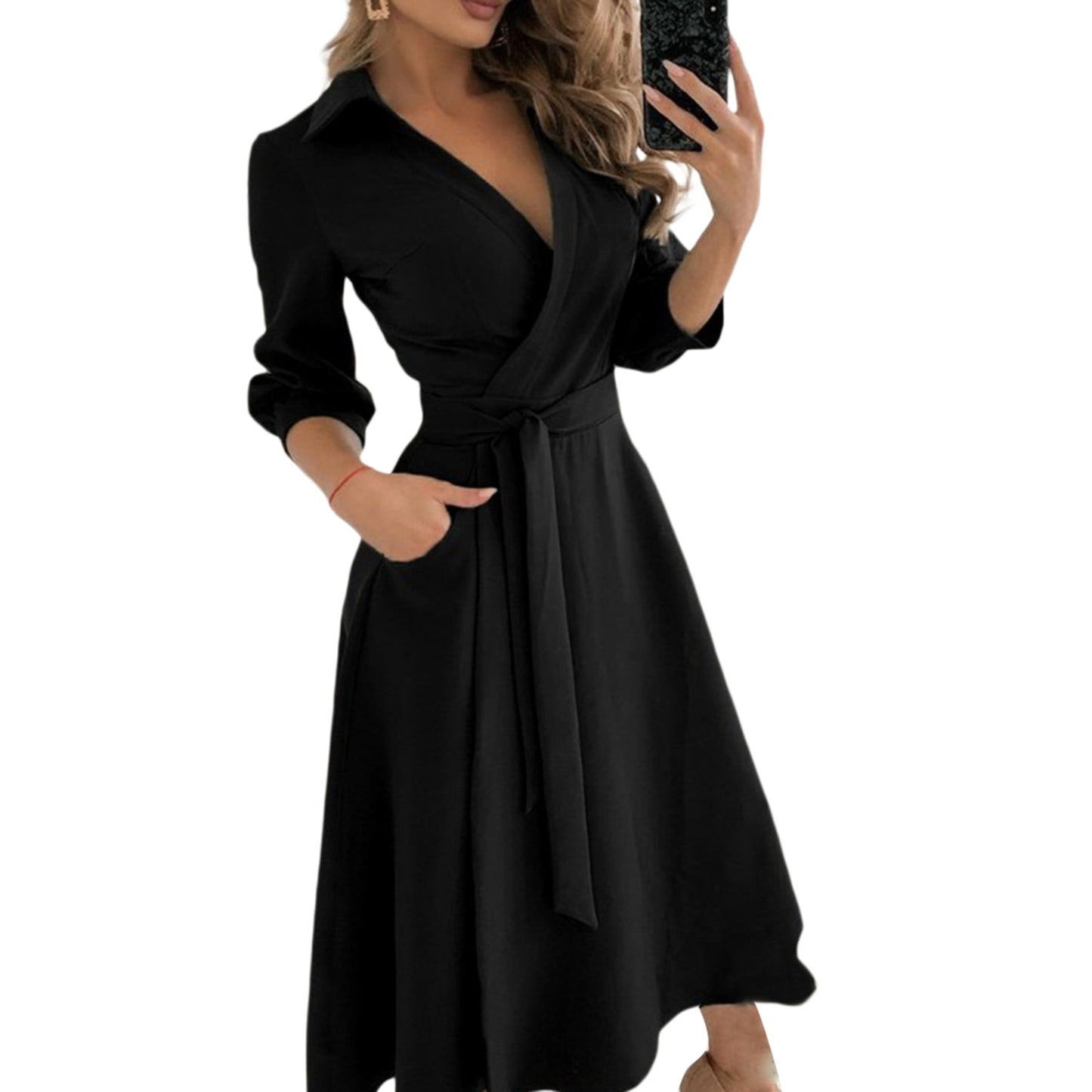 Spring Summer Lady Cover Up Womens Shirt Dress Wave Print Long Sleeve V-Neck Casual Loose Holiday Midi Dress