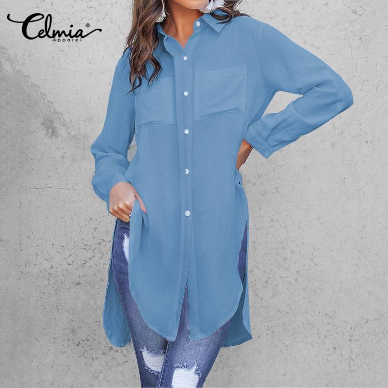 Celmia Women White Shirts 2022 Summer Lapel Asymmetrical Split Long Tunic Tops Casual Oversize Blouses Elegant Office Blusas