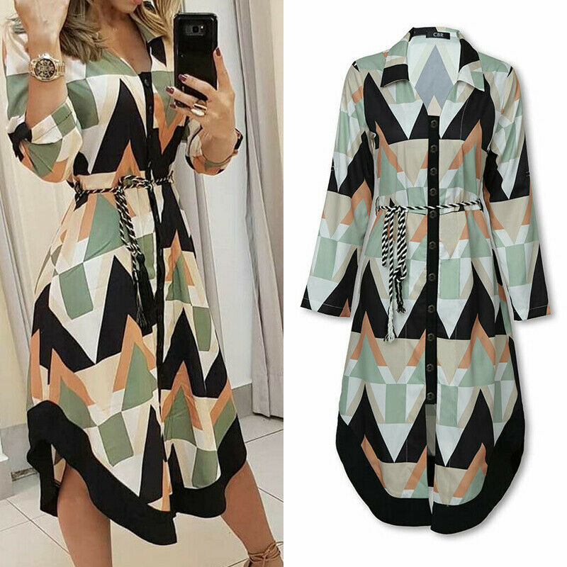 Spring Summer Lady Cover Up Womens Shirt Dress Wave Print Long Sleeve V-Neck Casual Loose Holiday Midi Dress