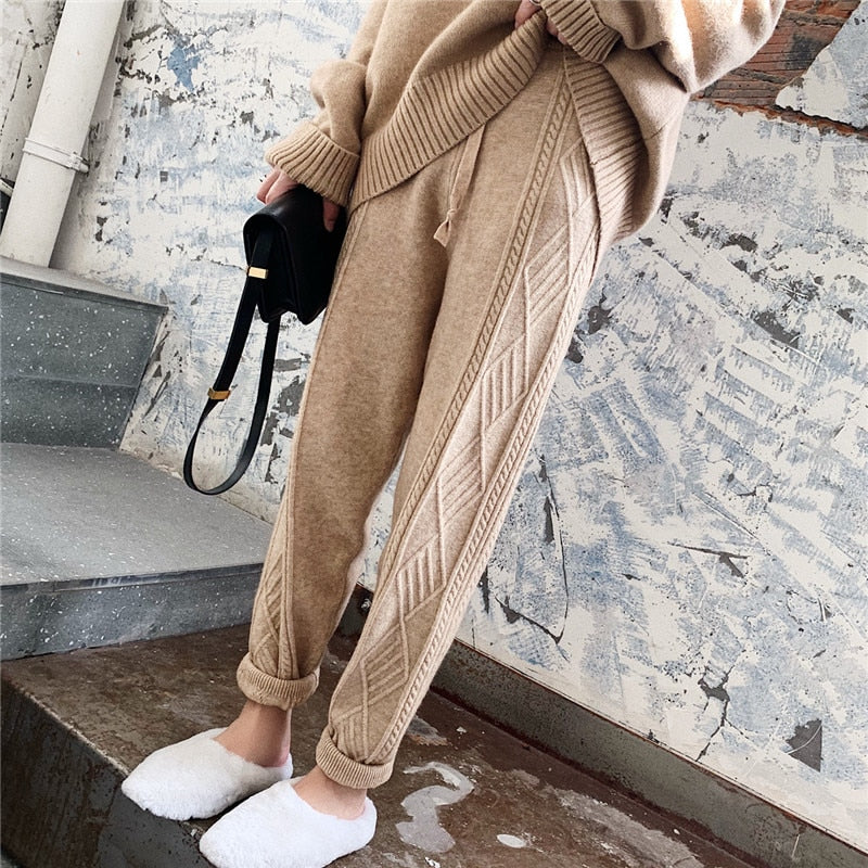 JXMYY Winter Thicken Women Harem Pants Casual Drawstring Twisted Knitted Pants Femme Chic Warm Female Sweater Trousers 2022