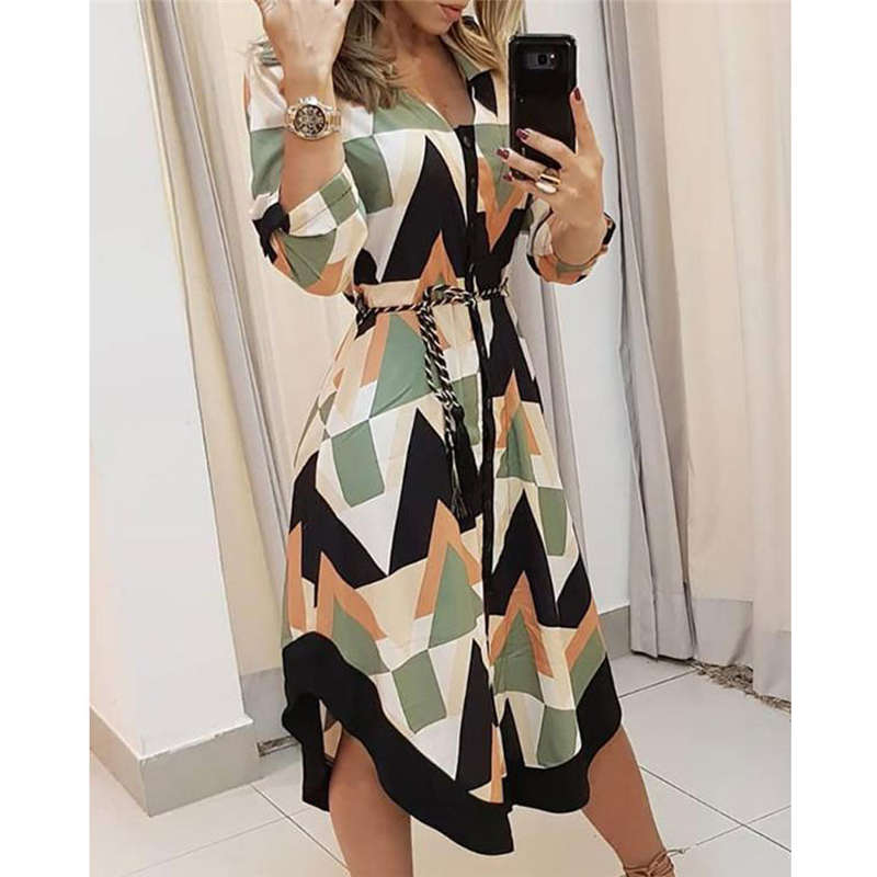 Spring Summer Lady Cover Up Womens Shirt Dress Wave Print Long Sleeve V-Neck Casual Loose Holiday Midi Dress