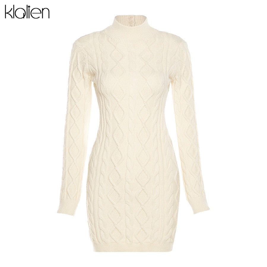 KLALIEN Simple Solid Long Sleeve Turtleneck Sweater Dress Autumn New Women Warm Streetwear Slim Stretch Mini Bodycon Dresses