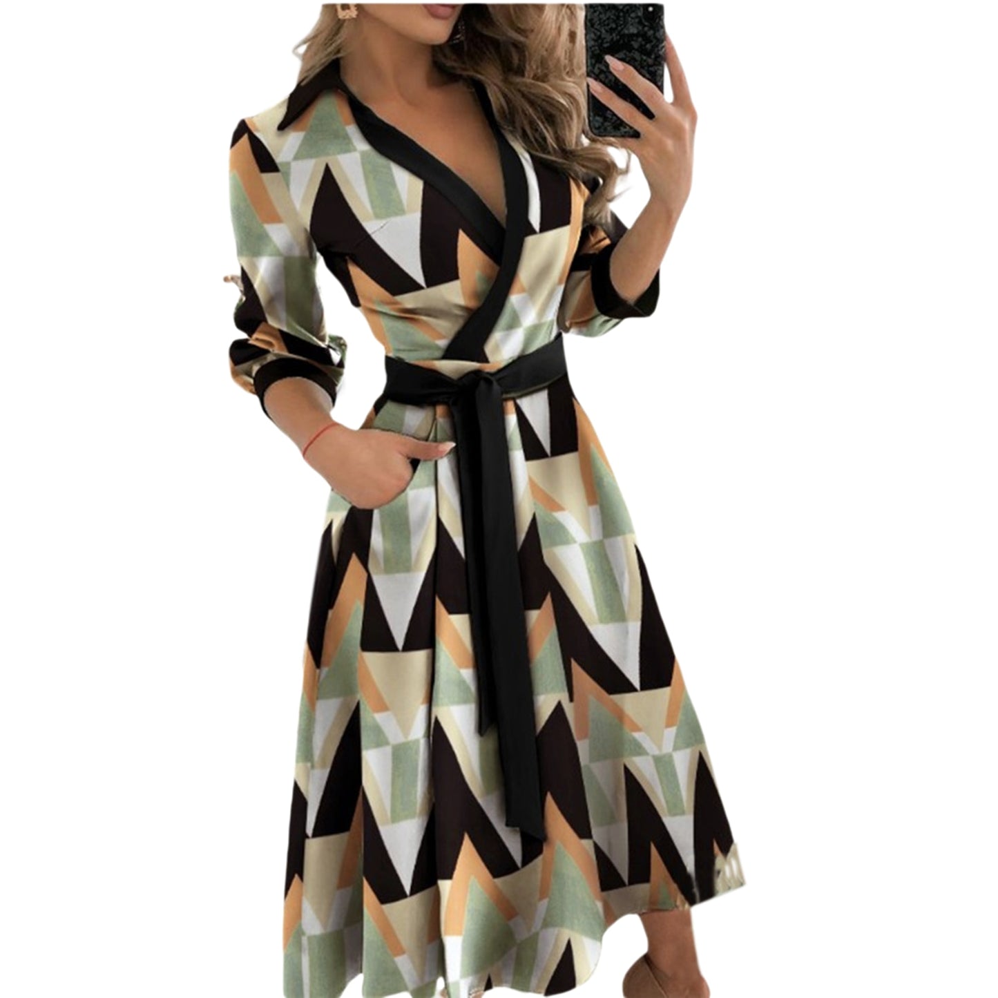 Spring Summer Lady Cover Up Womens Shirt Dress Wave Print Long Sleeve V-Neck Casual Loose Holiday Midi Dress