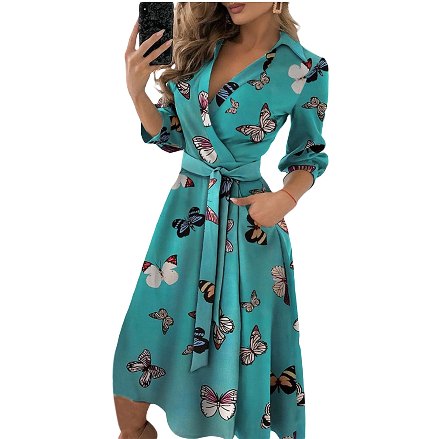 Spring Summer Lady Cover Up Womens Shirt Dress Wave Print Long Sleeve V-Neck Casual Loose Holiday Midi Dress