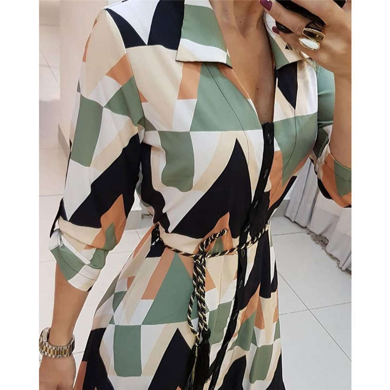 Spring Summer Lady Cover Up Womens Shirt Dress Wave Print Long Sleeve V-Neck Casual Loose Holiday Midi Dress