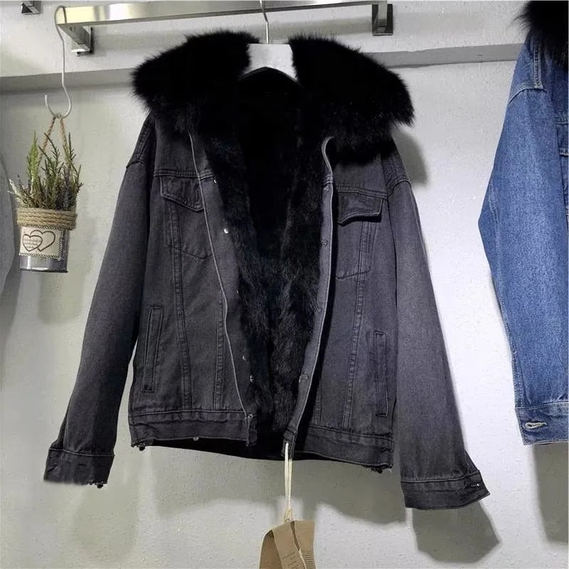 Thick warm Denim Parkas Female Winter Oversized Detachable Plus Velvet Jacket Vintage Cotton Denim Jacket Women Denim Coat