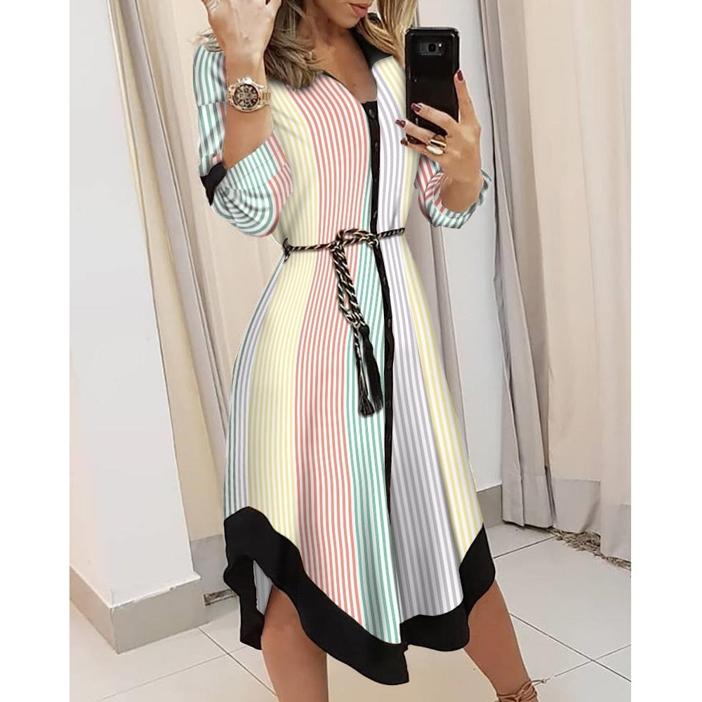 Spring Summer Lady Cover Up Womens Shirt Dress Wave Print Long Sleeve V-Neck Casual Loose Holiday Midi Dress