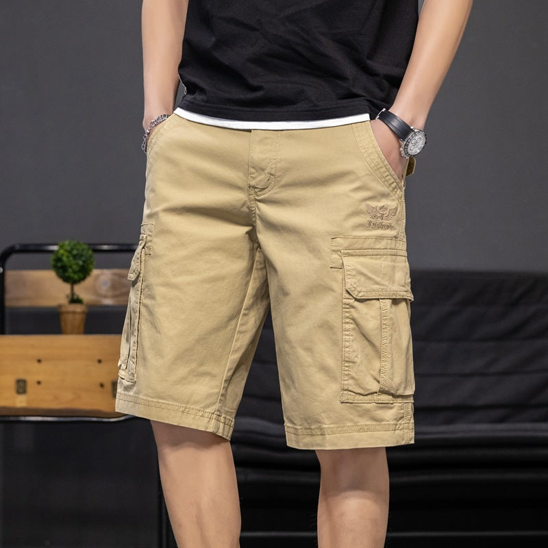 Shorts: Men's fashion, versatile, washed, solid color, local embroidery, Multi Pocket work clothes, casual pants, dynamic pants