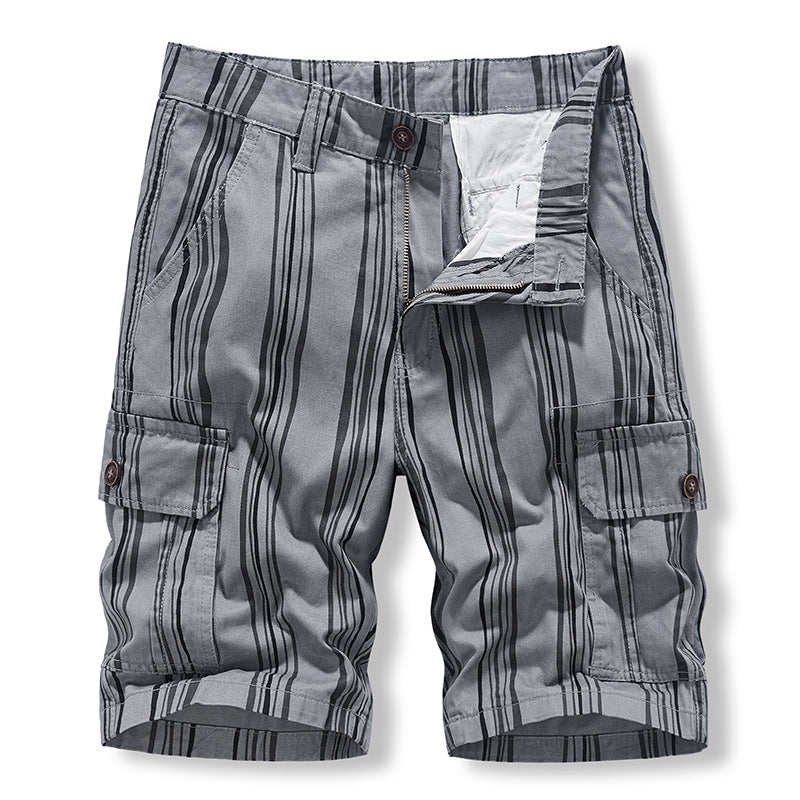 Casual Shorts: Men's middle-aged and old-age sports washing Pure Cotton Striped Multi Pocket work clothes pants