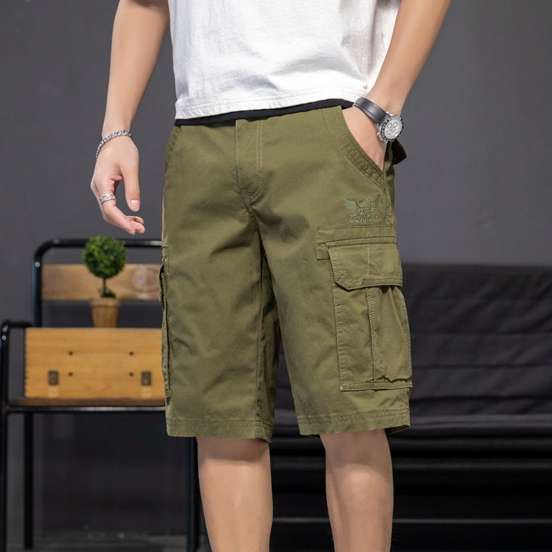 Shorts: Men's fashion, versatile, washed, solid color, local embroidery, Multi Pocket work clothes, casual pants, dynamic pants