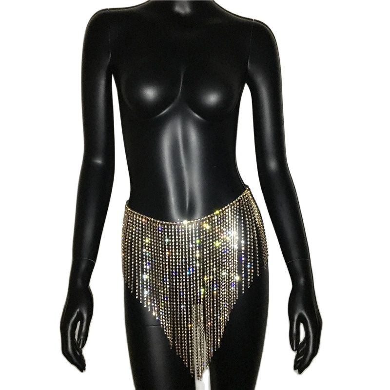 AKYZO Super Sparkly Rhinestone Tassel Chain Nightclub Beach Mini Skirt