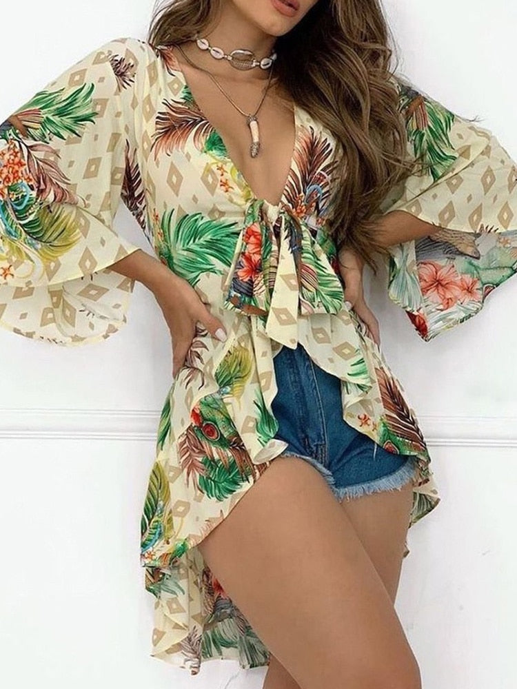 Tropical Print Bell Sleeve Blouse Tops Women