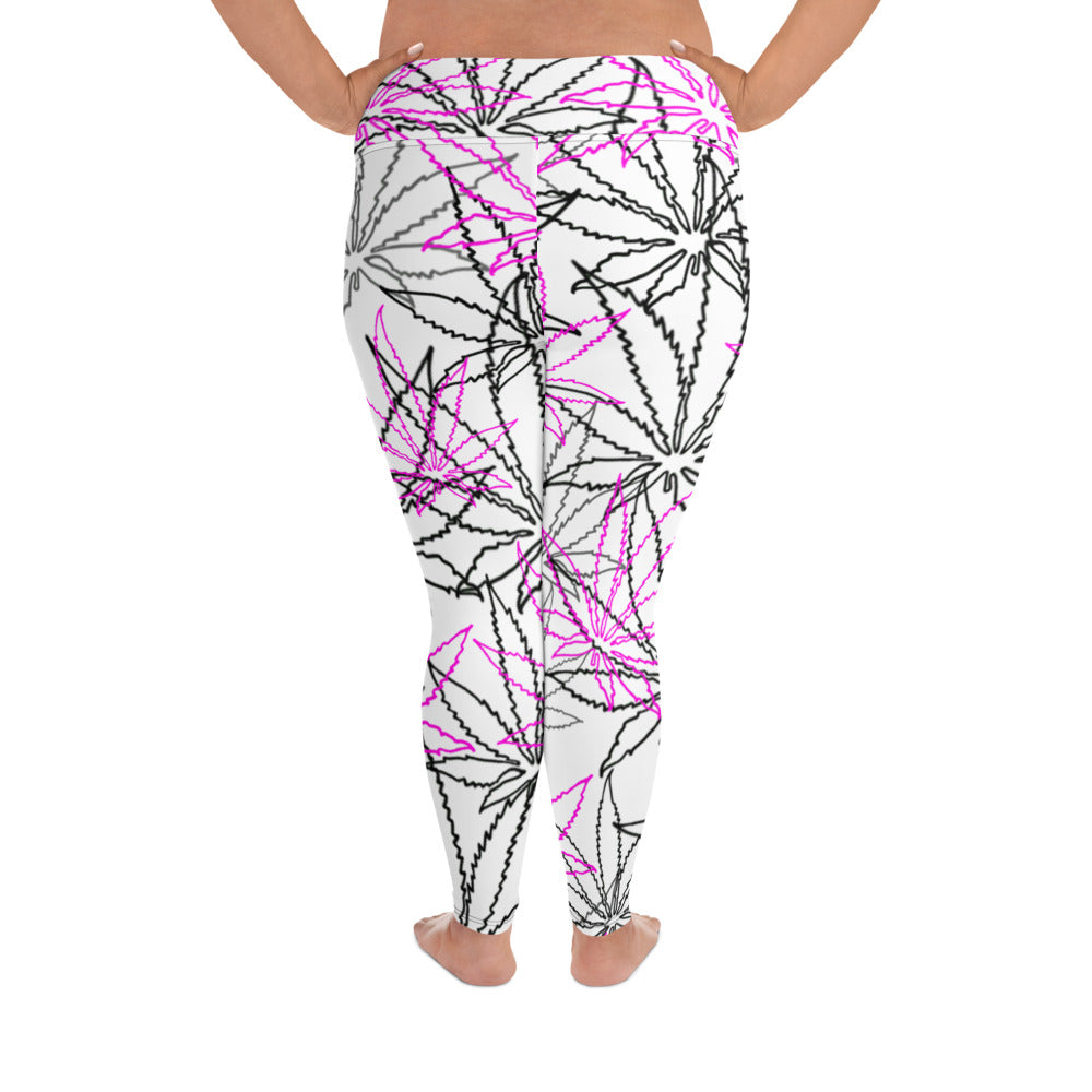 All-Over Print Black/Pink Leaf E4SO  Plus Size Leggings