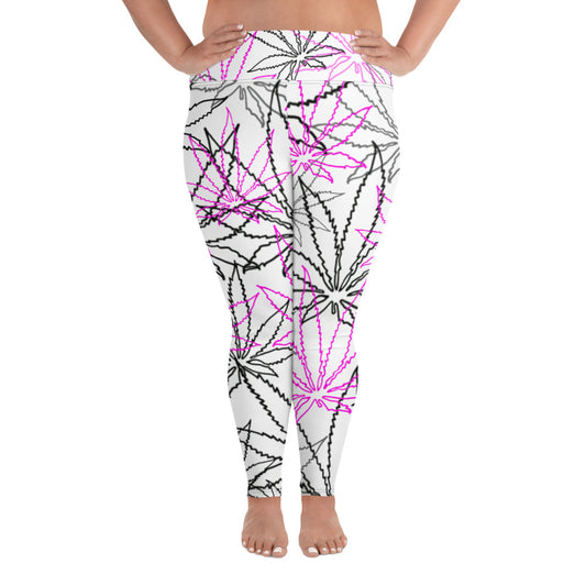 All-Over Print Black/Pink Leaf E4SO  Plus Size Leggings