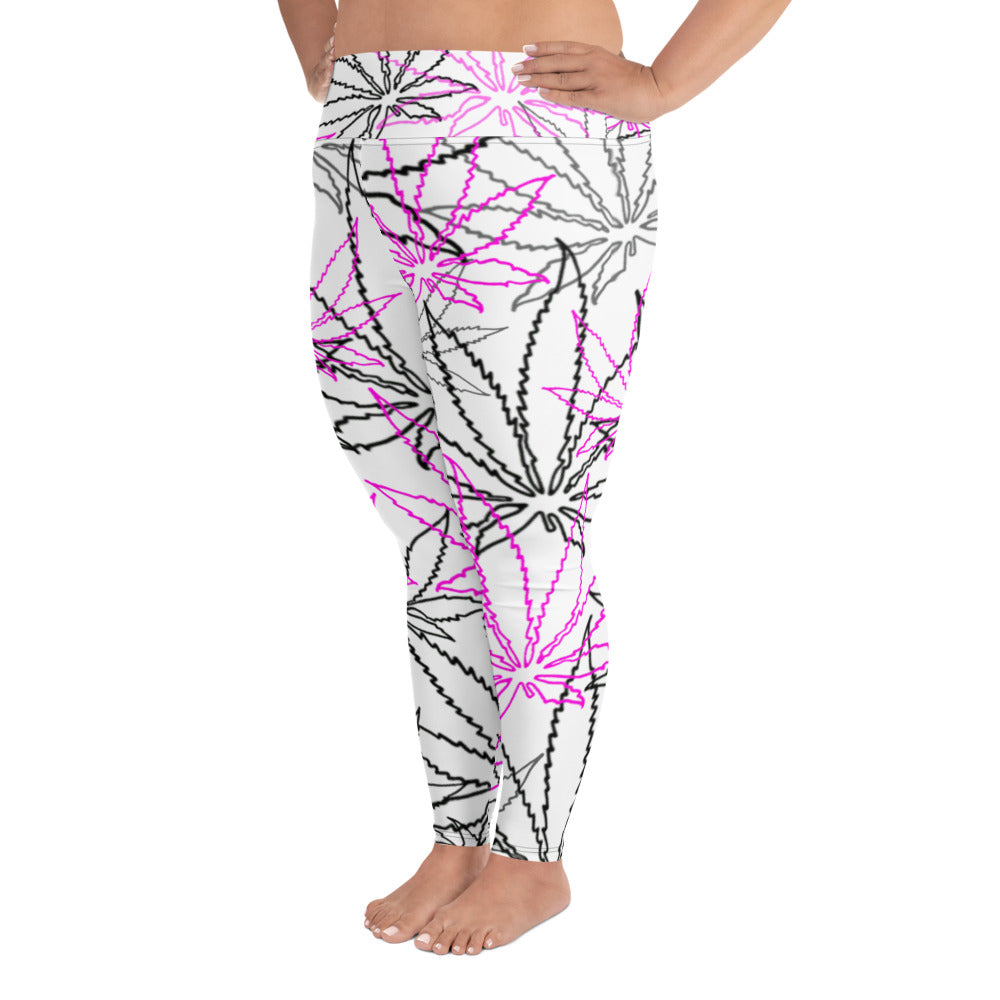 All-Over Print Black/Pink Leaf E4SO  Plus Size Leggings