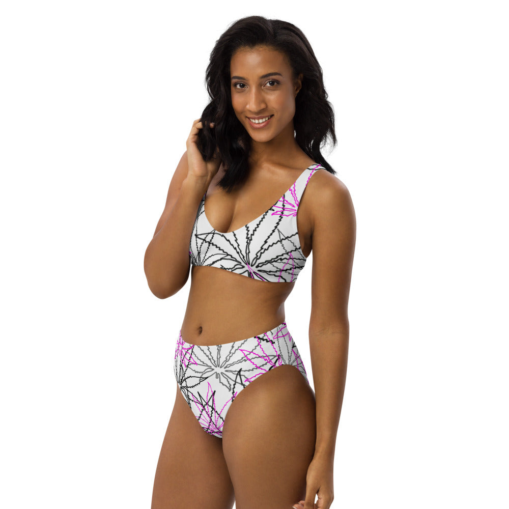 Recycled high-waisted Pink/Black Hollow Leaf E4SO bikini