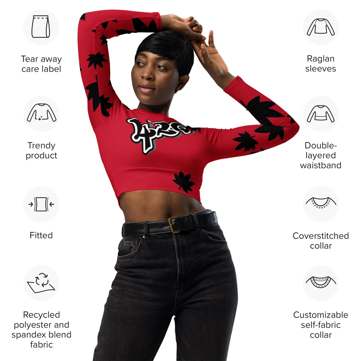 Red 420 Black leaf Recycled long-sleeve crop top