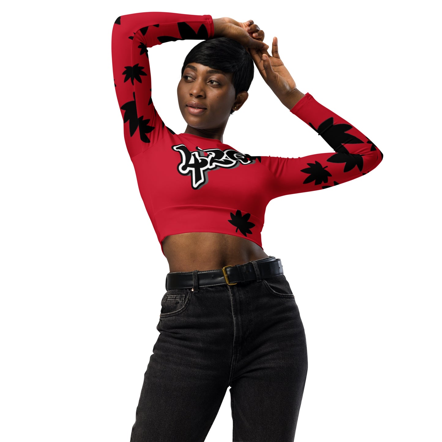 Red 420 Black leaf Recycled long-sleeve crop top