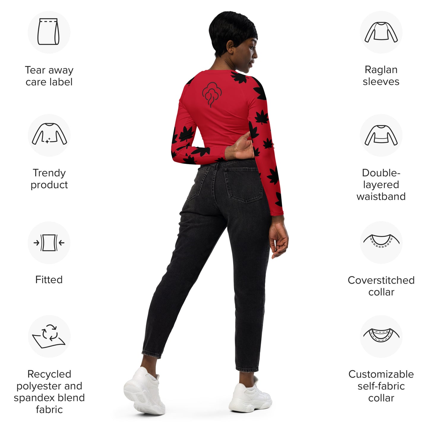 Red 420 Black leaf Recycled long-sleeve crop top