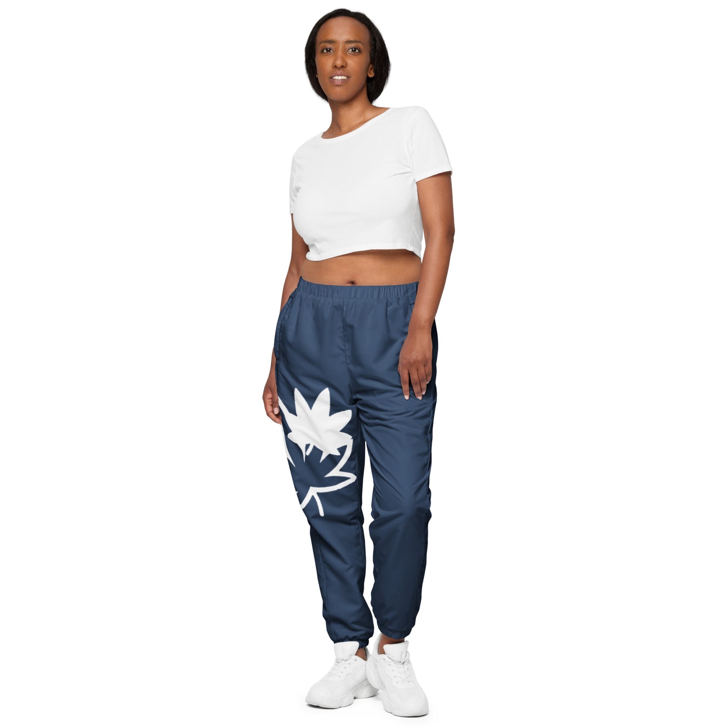 Blue and White hollow leaf and solid Unisex track pants