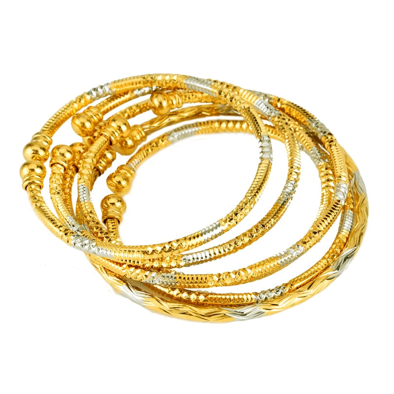 6pcs New Gold Africa Jewelry Ethiopian Two-Tones Ball Color Bangle&Bracelet Dubai Bangles for Women Wedding Gifts