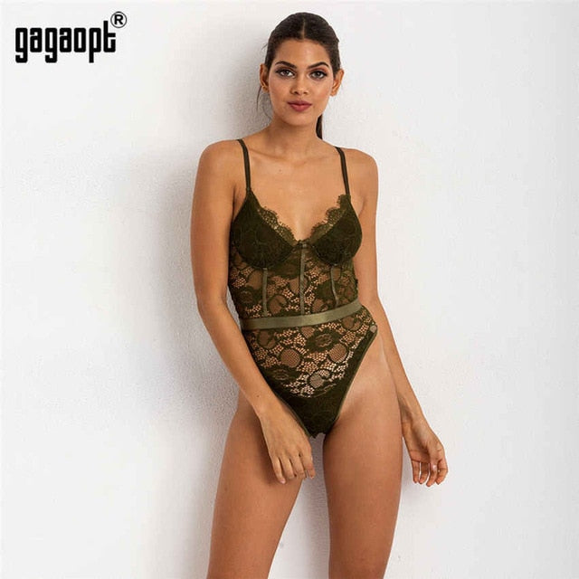 Gagaopt 2020 Hollow Out Sexy V-Neck Lace Bodysuit Sleeveless One Piece Body Feminino Romantic Sheer Teddy Fashion Bodysuit