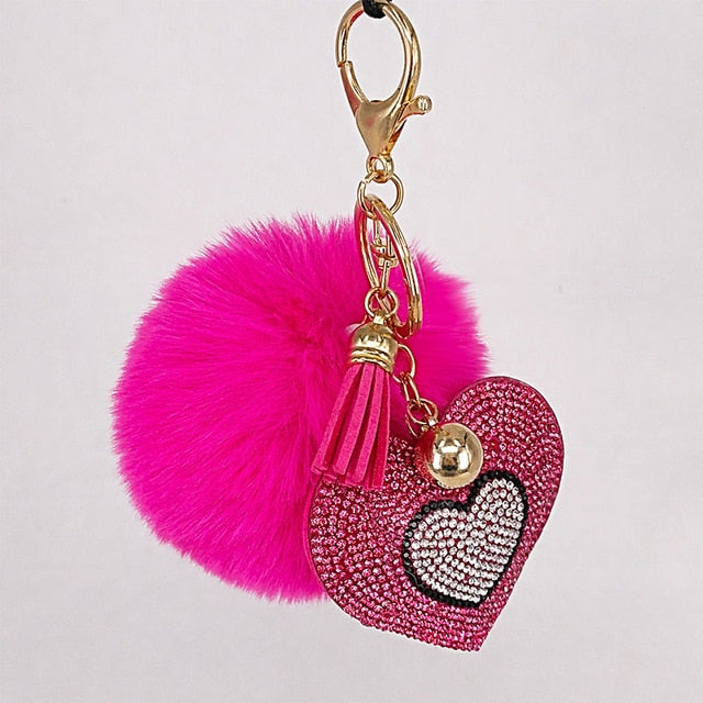 Pompom Keychain Rhinestone Heart Women's Bags Key Ring Handmade Accrssories Keychains Pendants Charming Suspension Decoration