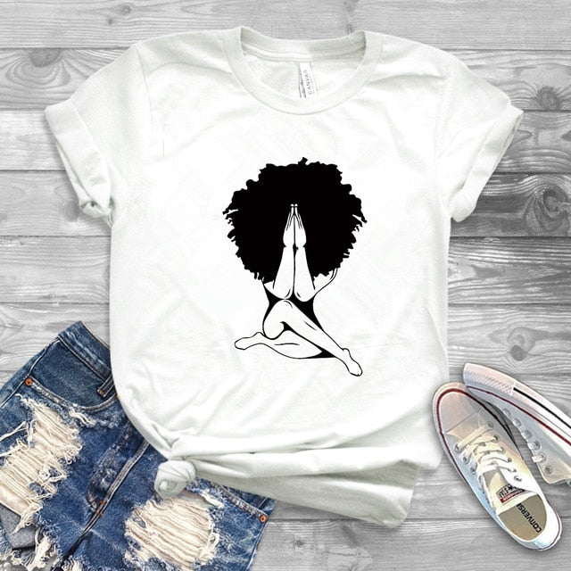 Afro woman Praying T-shirt Nubian Princess Queen Afro Hair Style Shirt Black Girl Melanin Shirts