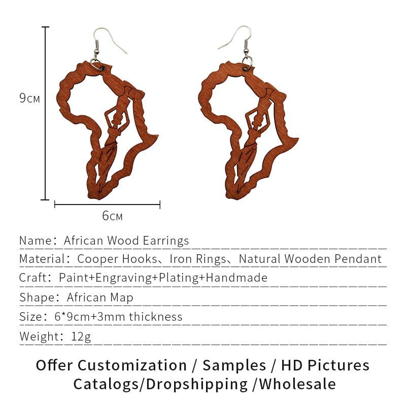 SOMESOOR Laser Engraved Afro Wooden Drop Handmade Earrings