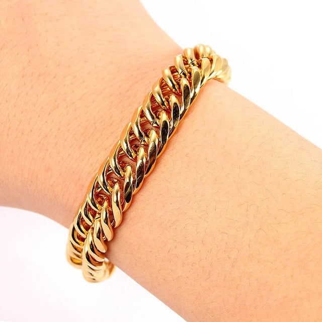 Trendy Plated 24K Gold Multi shape Punk Bracelet Curb Cuban Chain Gold Color Bracelets Bangle For Men Women Jewelry Gifts